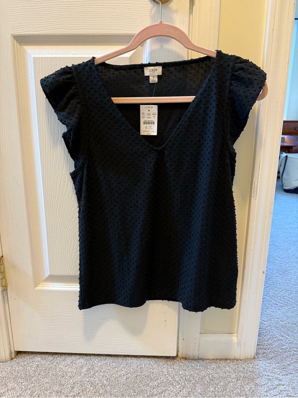 J. Crew Black Textured V-Neck Cap Sleeve Top